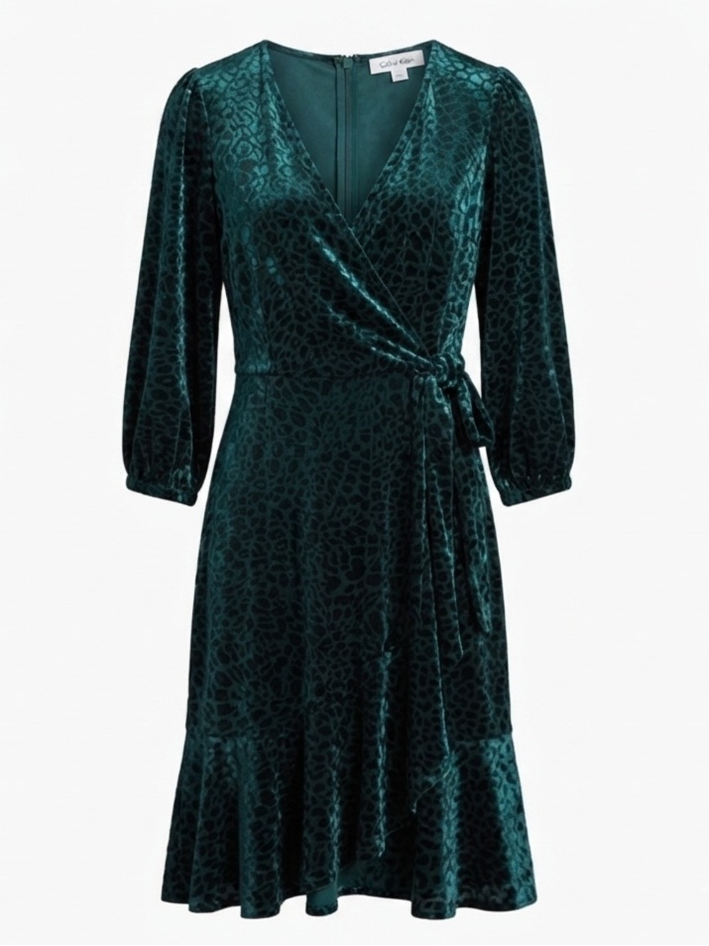 Calvin Klein Green Velvet Burnout Leopard Print Faux Wrap V Neck Midi Dress 6 - Picture 2 of 12